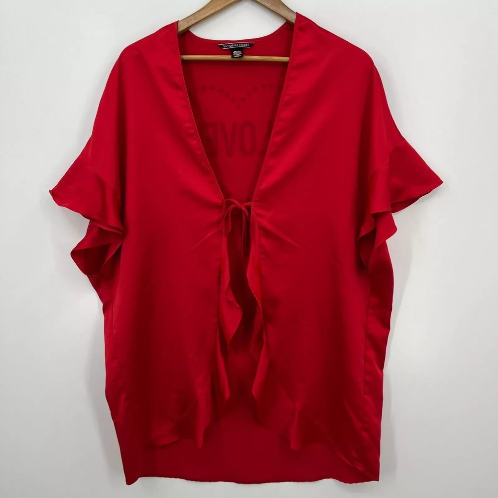 Victoria's Secret Satin Robe Coverup Women's One Size Red‎ Front Tie Love